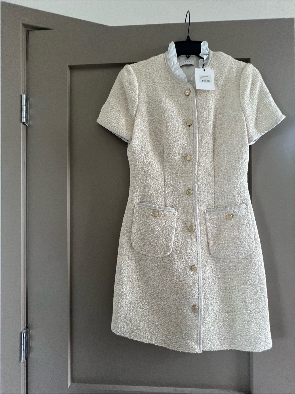 Sandro Cream Tweed Ruffle-Collar Jacket